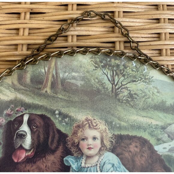 Vintage 80's Pair Victorian Girls, St Bernard Dog Brass Chain Frame Wall Decor - Picture 8 of 13
